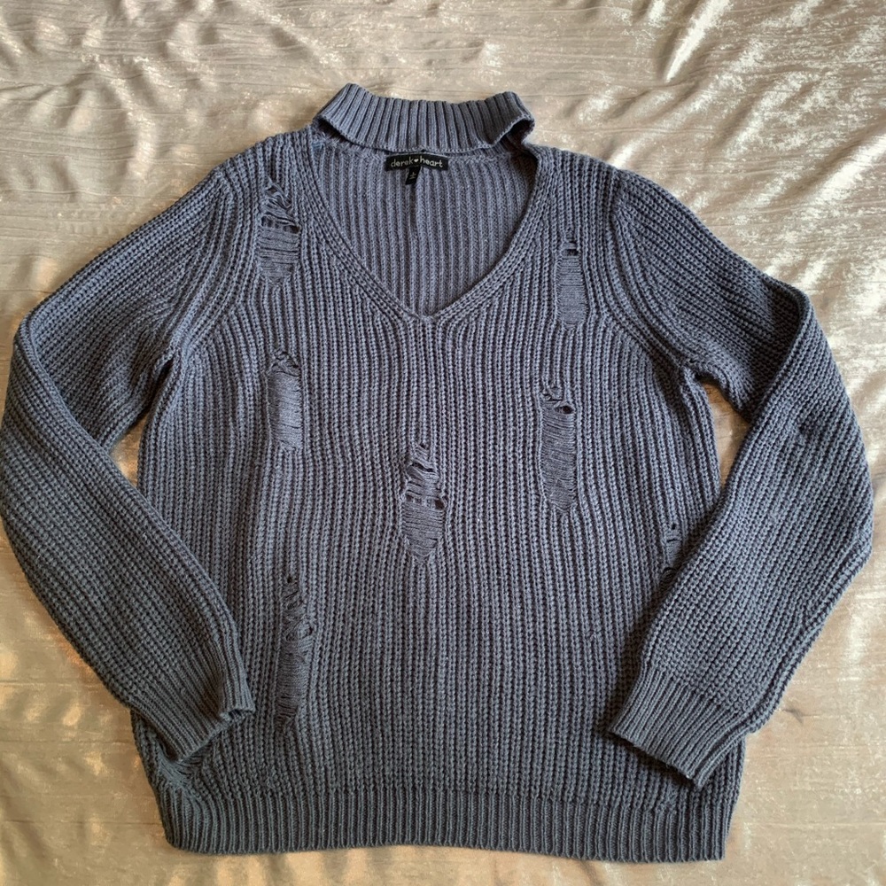 Shredded Smoky Blue V-Neck Sweater